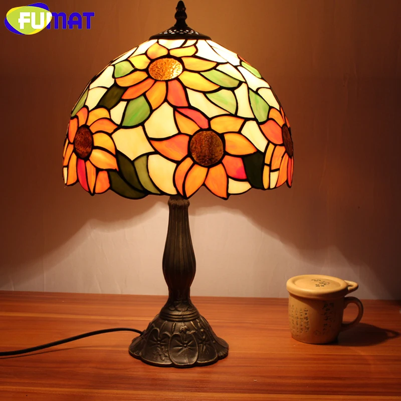 FUAMT Stained Glass Table Lamps Vintage Sunflower Desk Lamp Living Room Bedside Lamp Brushed Nickel Glass Lamp Light Fixtrues