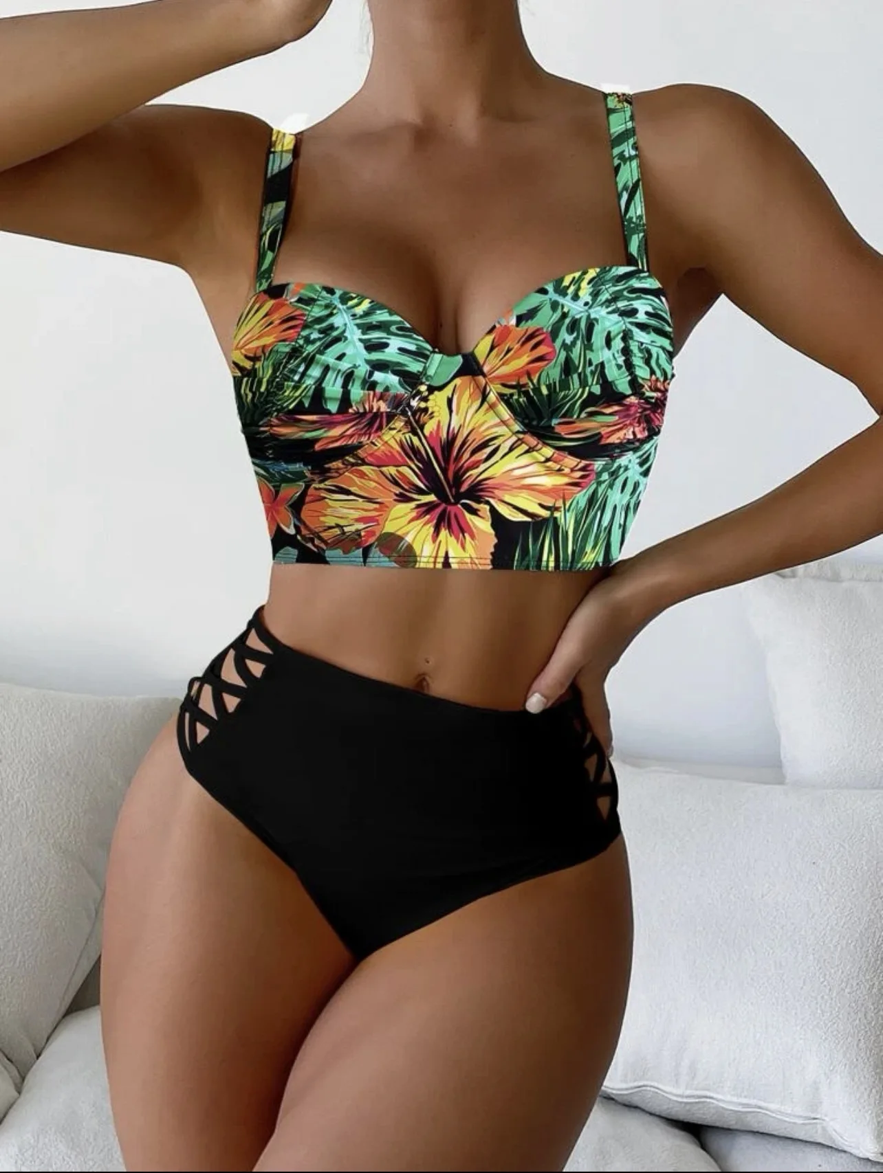 Cikini-Tropical Print Criss Cross Push Up Bikinis Set, High Waist Split Swimwear, Summer Swimsuit, Bathing Suit for Women, 2 Pcs