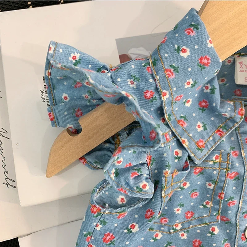 Summer Kid\'s Clothing Sets 3-7Y Girls Floral Print Petal Sleeves Lapel Shirt & Shorts 2Pcs Suit Childrens Imitation Denim Outfit