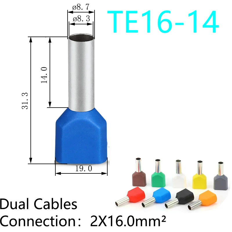 100PCS Dual Wires TE Series Insulated Ferrules Cable Lug Crimp CopperTerminal Electrical Block Cord End Connector 2x0.5mm²~16mm²