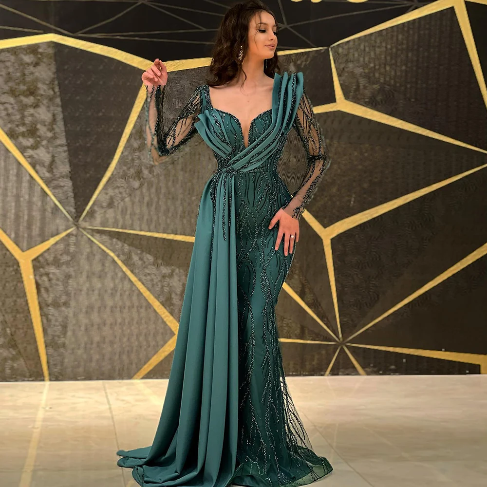 For Sale !! Sharon Said Emerald Green Evening Dress Mermaid Overskirt Gold Arabic Formal Party Gowns SS425 No Return