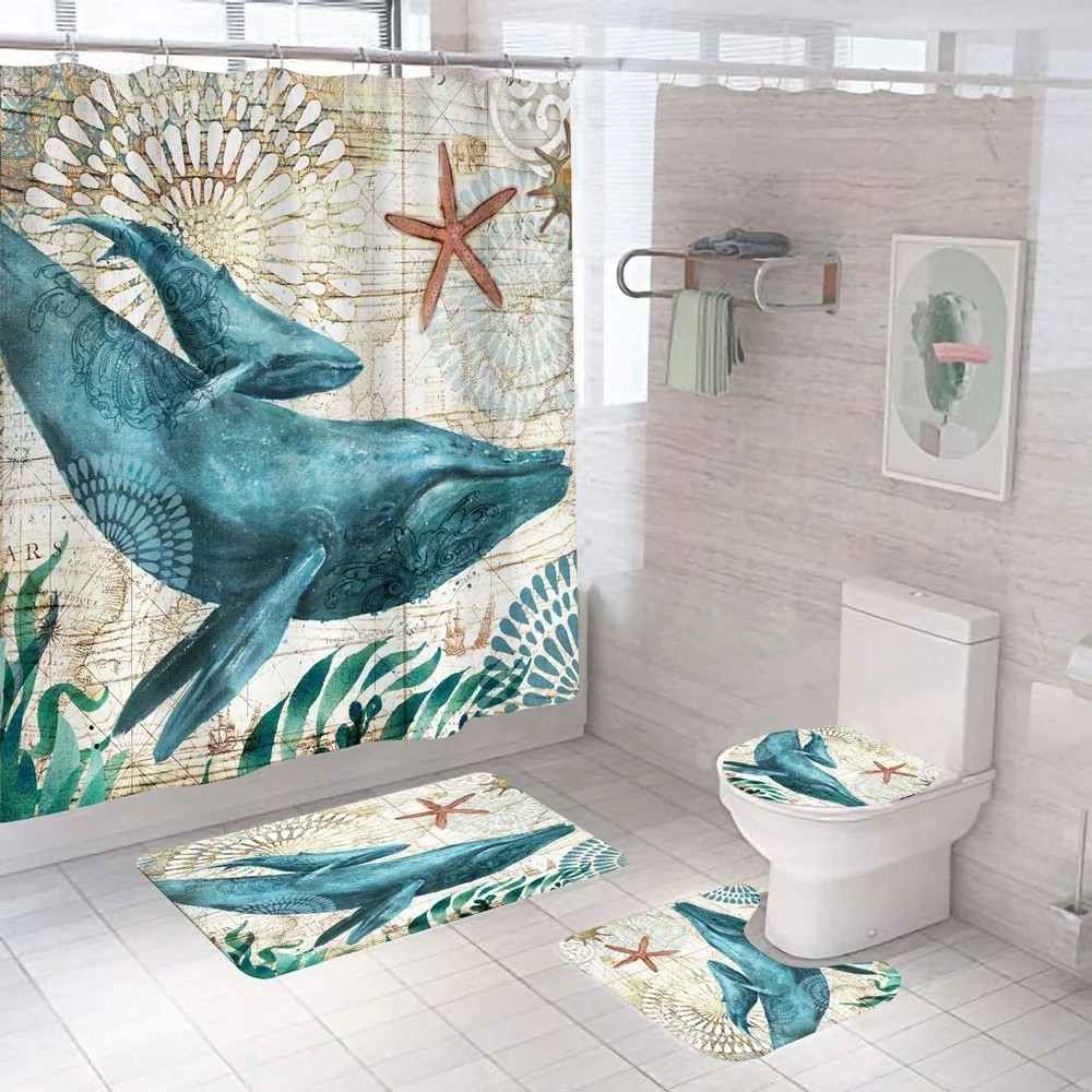 Sea Turtle Shower Curtain Sets Waterproof Nautical Ocean Vintage Animal Bathroom Bathtub Curtains Bath Mats Rug Toilet Lid Cover