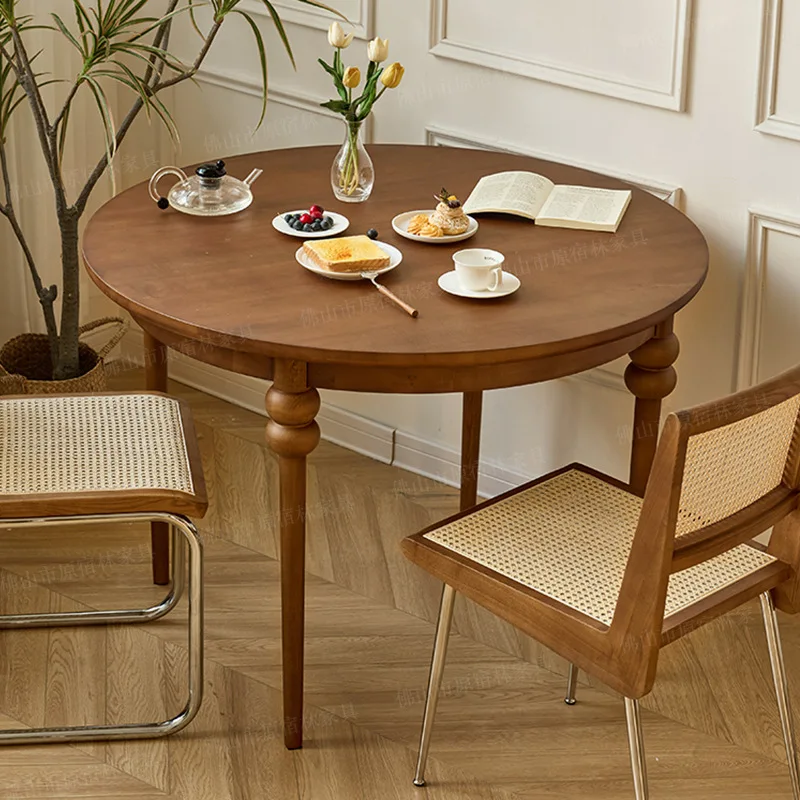 

Retro round solid wood dining table household small apartment living room dining room round table French light luxury simple