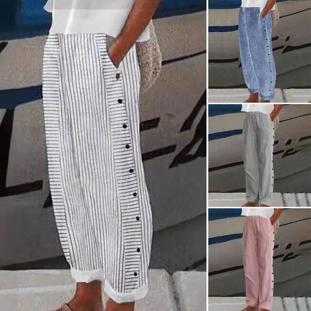 

Bohemian Pants Trendy Women's Casual Pants with Stripe Print Elastic Waist Side Button Up Detail Wide Leg Sweatpants for Work