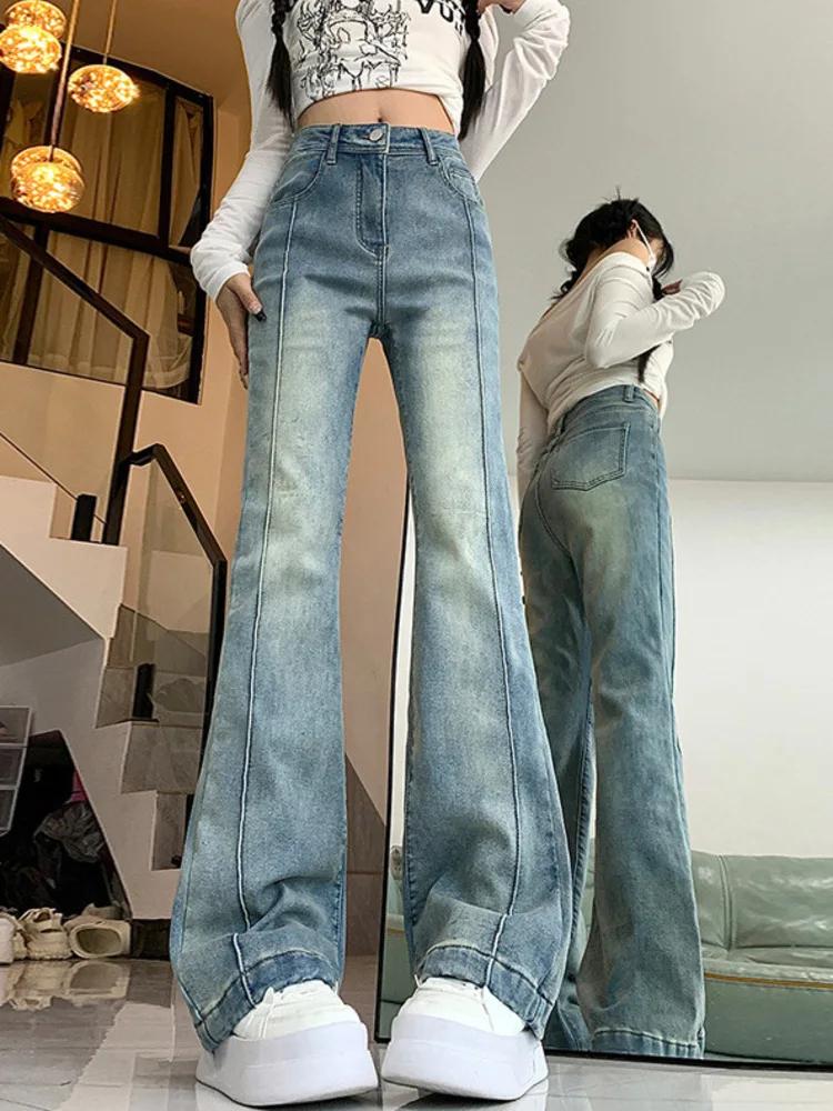 Women High Waist Bootcut Jeans Light Blue Wash Distressed Vintage Flare Denim Pants Slim Fit Bell Bottom Trousers