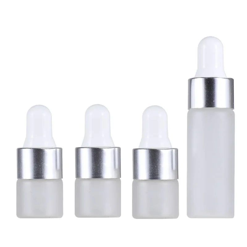 

100Pcs Glass Pipette Bottle Frosted Glass Vials 1ML 2ML 3ML 5ML Silver Ring White Top Cosmetic Refillable Empty Dropper Bottles