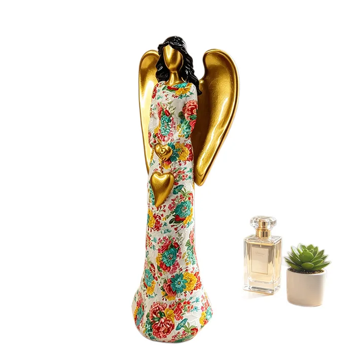 *qa Luxury Angel Statue with Patterned Wings Resin Art Figurine Home Decor Living Room Decoration#