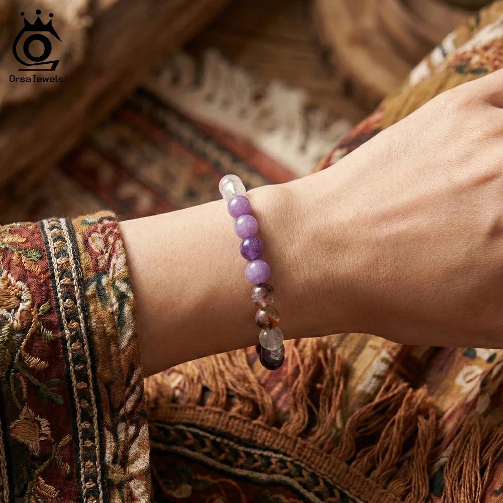

ORSA JEWELS Vintage 8mm Natural Amethyst Purple Quartz Bead Bracelet for Women Healing Gemstones Stretch Jewelry Gift GMB104