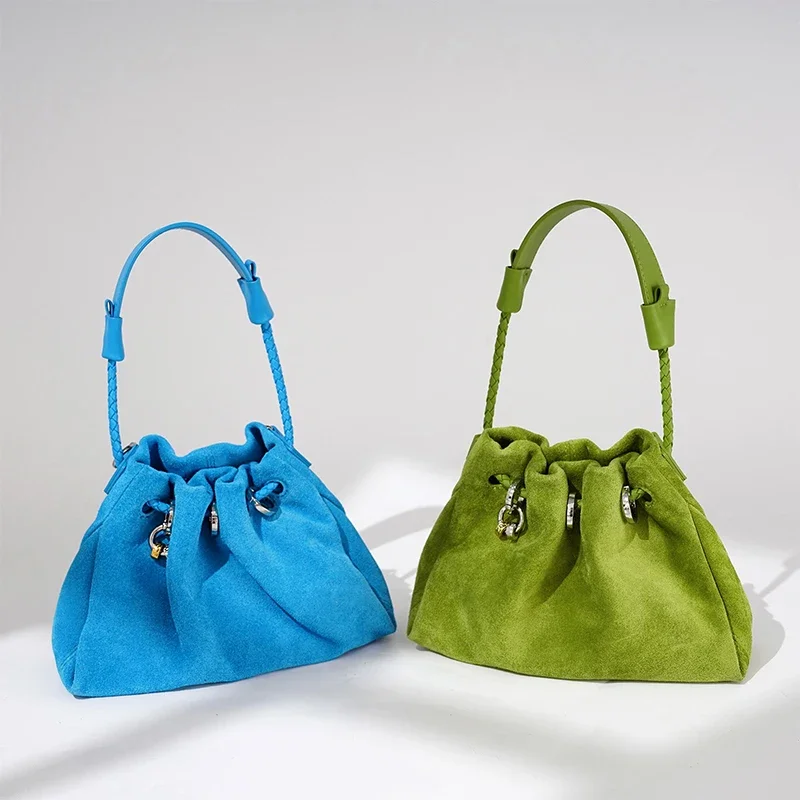 Designer Cowhide Suede Crossbody Shoulder Bag,Genuine Leather Drawstring Lucky Handbag,Women Casual Cloud Pleated Sling Bag