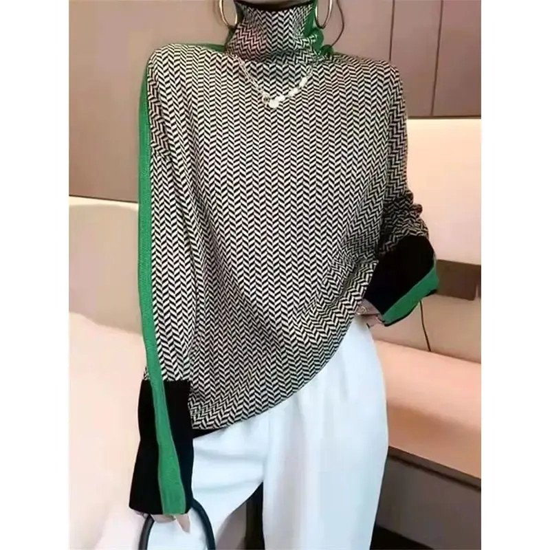 New Autumn and Winter Women's High Neck Color Blocked Houndstooth Sweater, Fashionable and Versatile Pullover Knitted Sweater