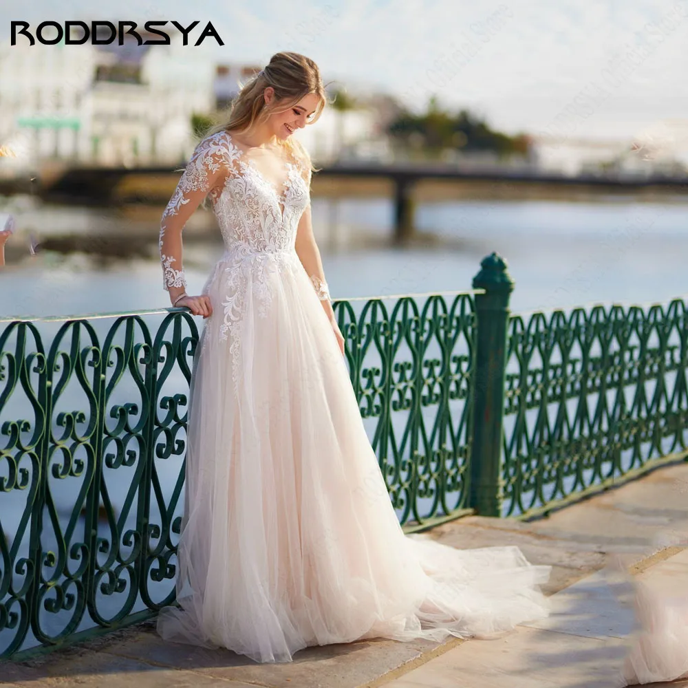 Roddrsya sans dos a - word dentelle robe de mariée manches longues col rond appRODDRSYA-Robe de Mariée Trapèze en Dentelle, Dos aux, Manches sulf, Encolure Rond, Patients Appliqués, Tout Sur Mesure, Élégante, Éducative