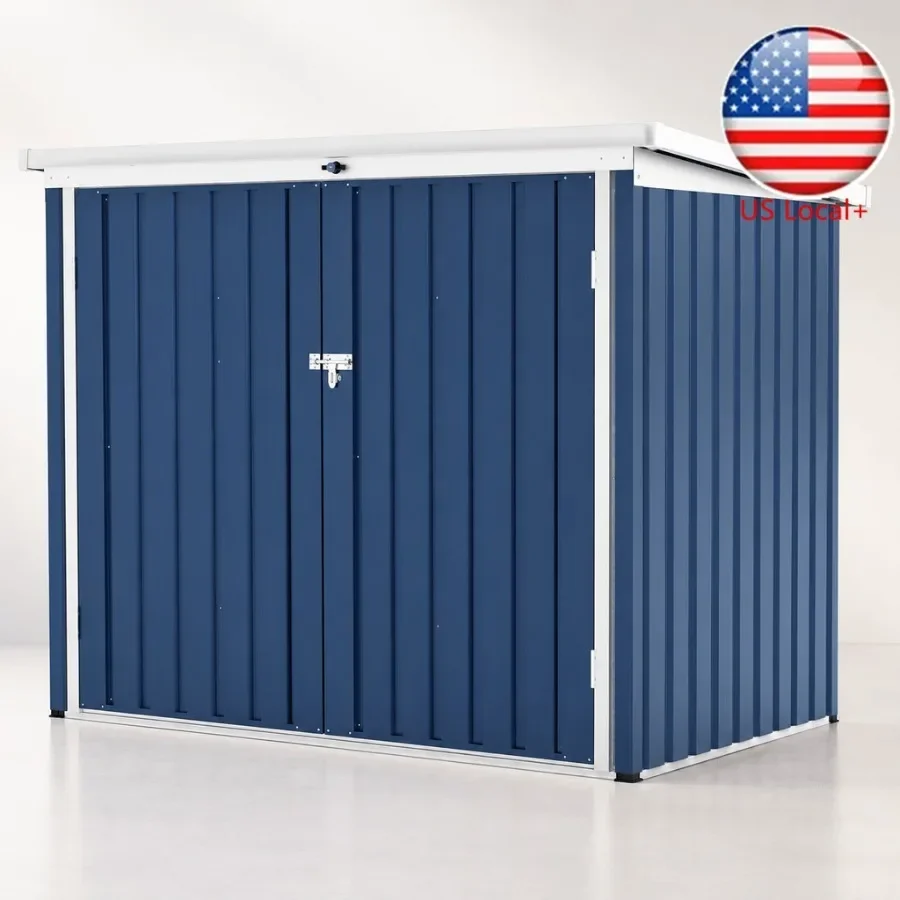 Outdoor garbage bin enclosure for garden, patio, backyard; iron; navy blue; weather-resistant, lockable, with front double door