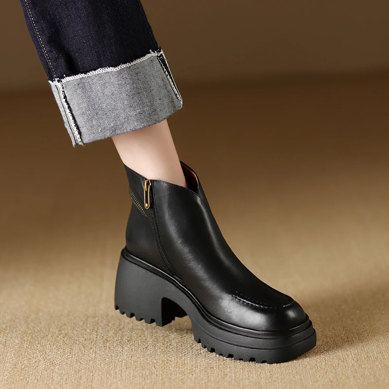 

2025 Womens Platform Boots Autumn Spring Cowhide Shoes Round Toe Side Zip Ladies Retro Shoes On Thick Heel Vingtage Botas