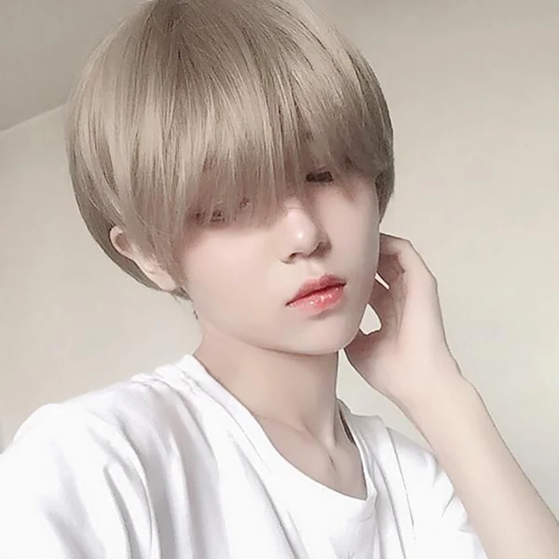 MANWEI Fashion Men Short Wig Light Yellow Blonde Synthetic Wigs With Bangs For Male Women Boy Cosplay Costume Anime Halloween