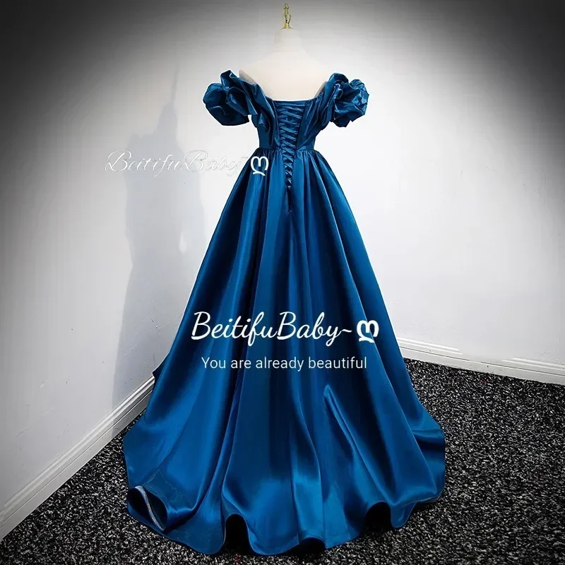 BeitifuBaby Women's Blue Evening Dress Off The Shoulder Ruched Neck Sleeveless Stain Ball Gown Banquet Party Dresses Vestidos