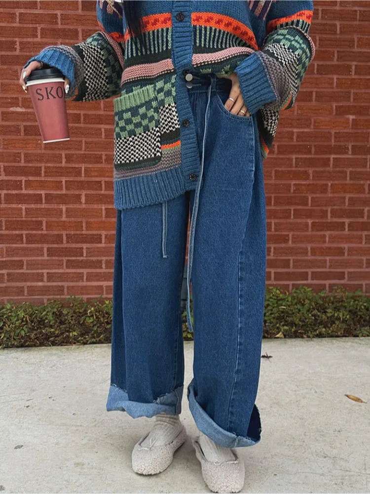 

Широкие джинсы с высокой талией в стиле ретро, женские свободные длинные брюки, новые зимние брюки со сложенным поясом, удобные повседневные джинсовые брюки