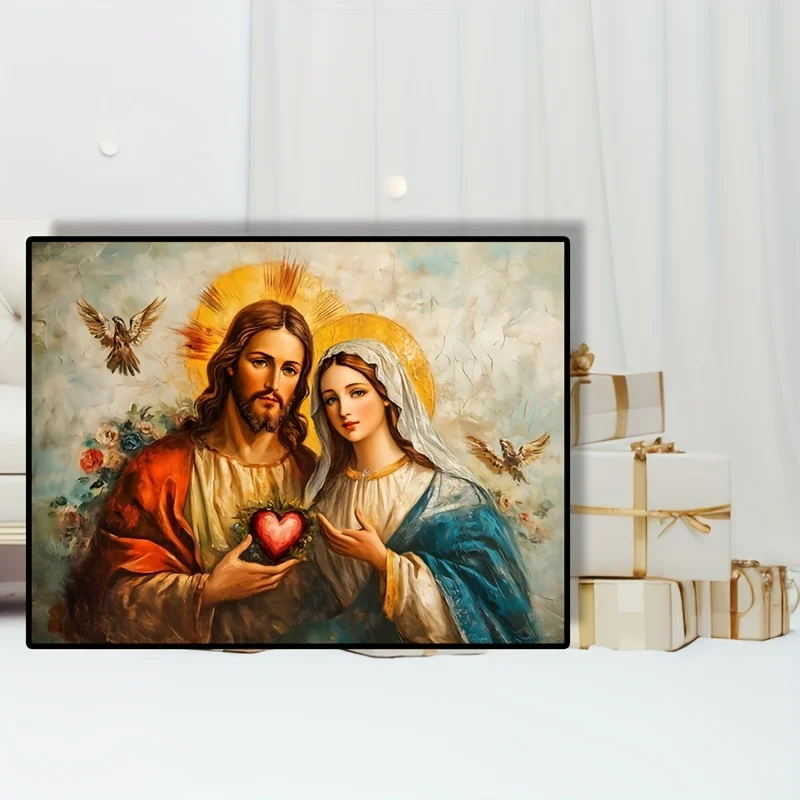Room Decor Sacred Heart Jesus and Mary Oil Painting Style Canvas Print, 16x12 inch Frameless Christian Wall Art, Religious Ho
