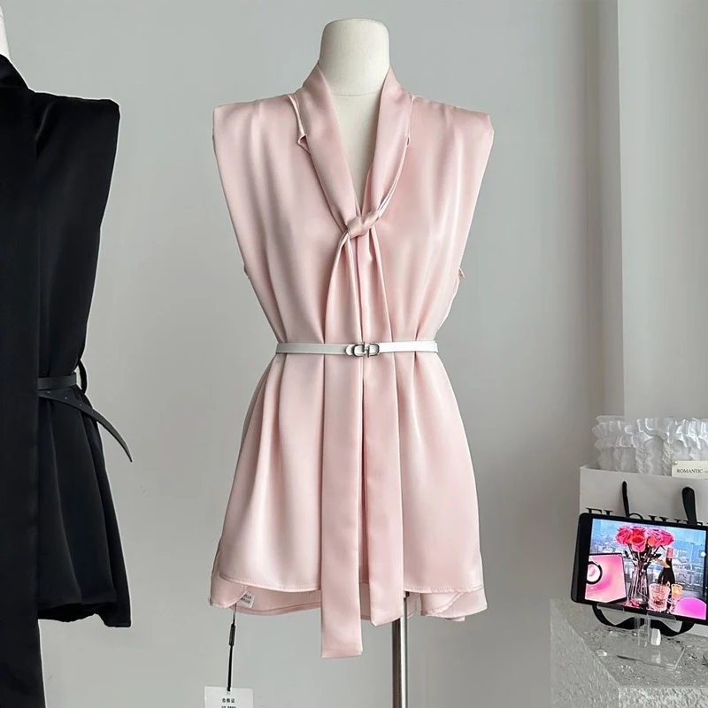 Temperament Sleeveless Loose Shirt Tops Summer New Thin Solid Lacing Simplicity Elegant Blouse Fashion Korean Women Clothing