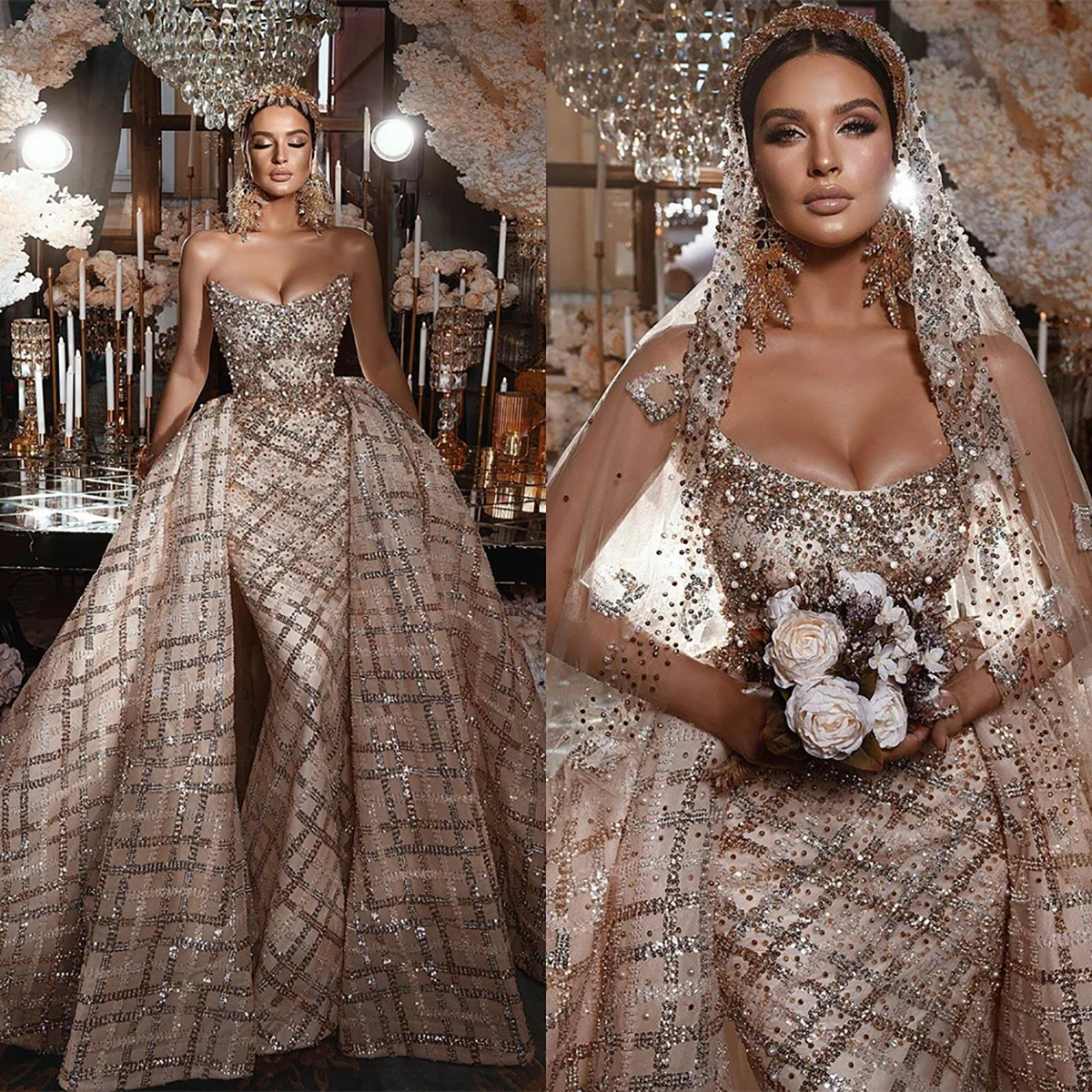 

Exquisite Strapless Mermaid Wedding Dress Beads Crystal Lace Arabic Detachable Train Trumpet Bridal Gowns Robe De Soirée