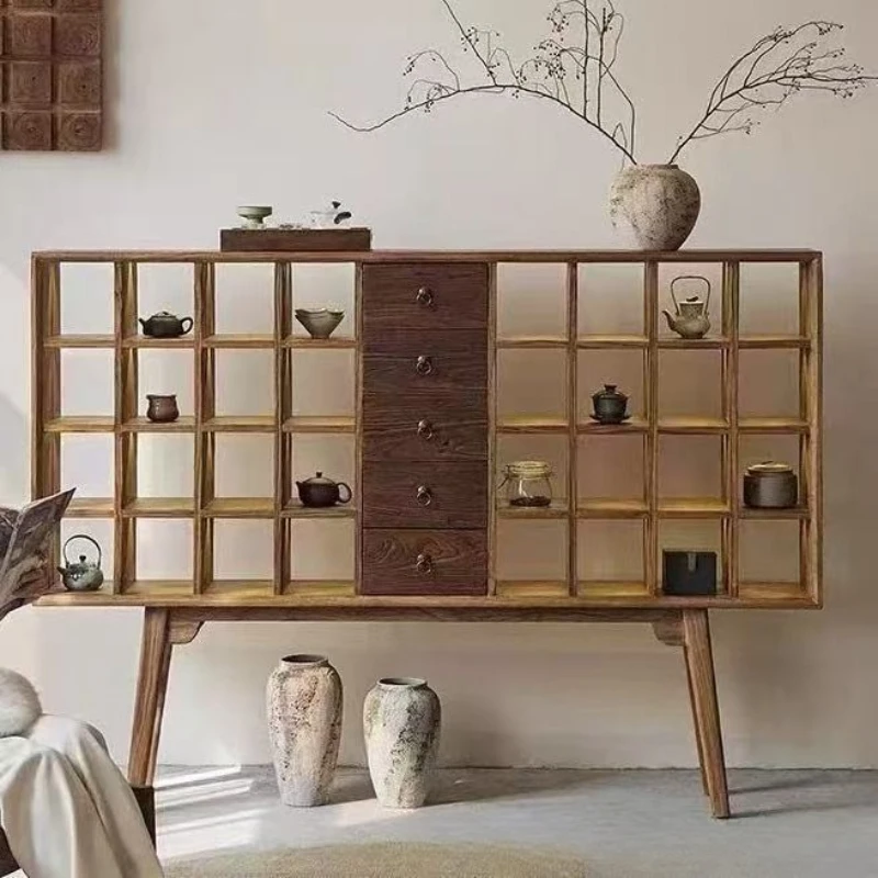 

Old elm bogu rack floor-to-ceiling tea set storage rack Solid wood old porcelain Jianzhan locker rack