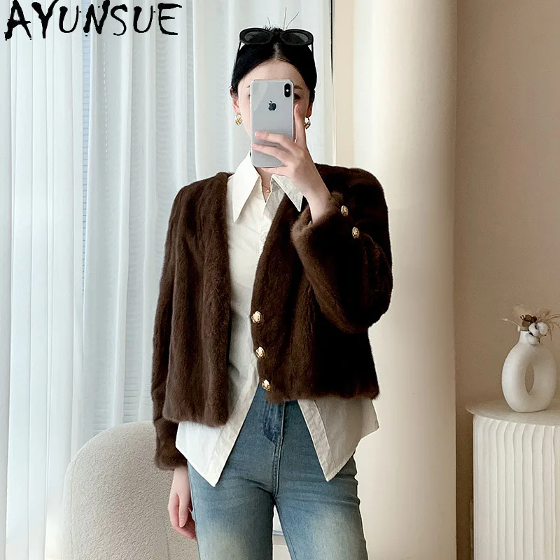 AYUNSUE Naturalna Kurtka z Futra Norki Damska Dekolt V Prawdziwe Futro Kurtki Damskie Odzież Wysokiej Jakości Cała Norka 2025 Zima Abrigo Mujer