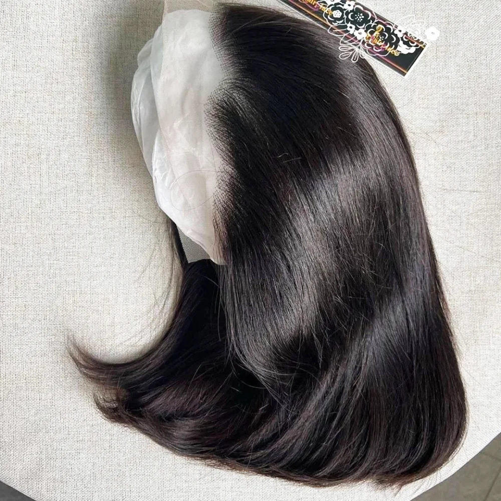 100%人毛ウィッグ グルーレス ボーンストレート 13x6 ショートボブ ハーフレースフロントウィッグ HDフロント 編み込み ブラック ブラジリアン ウェアアンドゴー