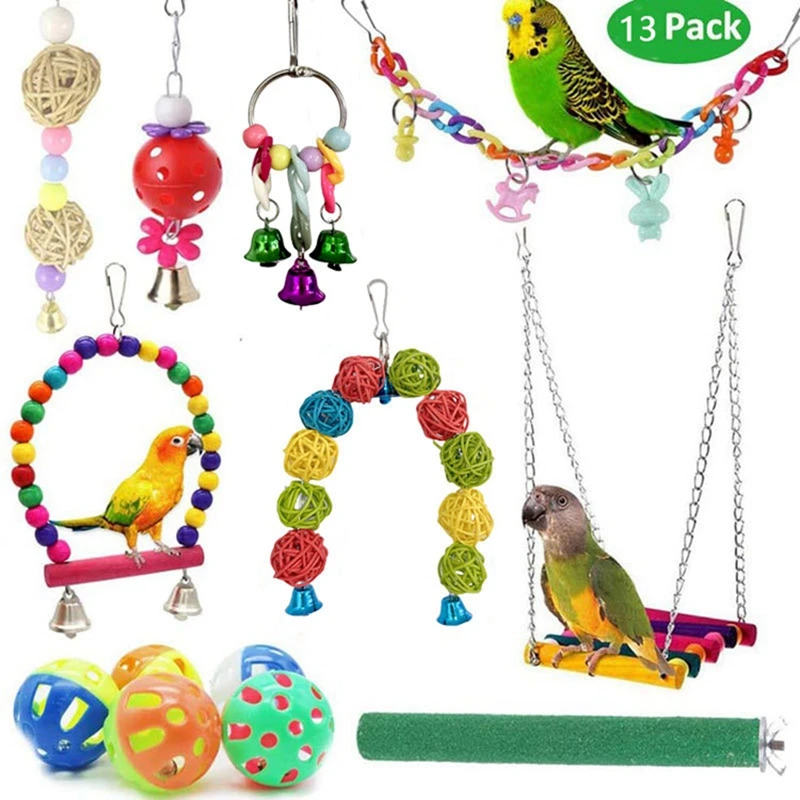 11pcs/13pcs Bird Toy Cage Bird Accessories Wood Parrot Toys Bird Toy Swing Hanging Bridge Ball Cage Bells Pet Supplies Set