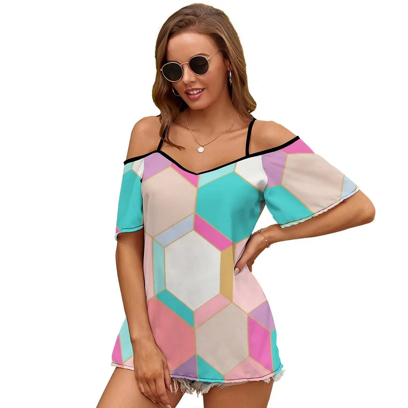 Camiseta con estampado Hex2 para mujer, Top con cuello redondo y hombros descubiertos, camiseta de manga corta, ropa de calle para mujer, ropa de calle hexagonal geométrica colorida púrpura Panal Bee