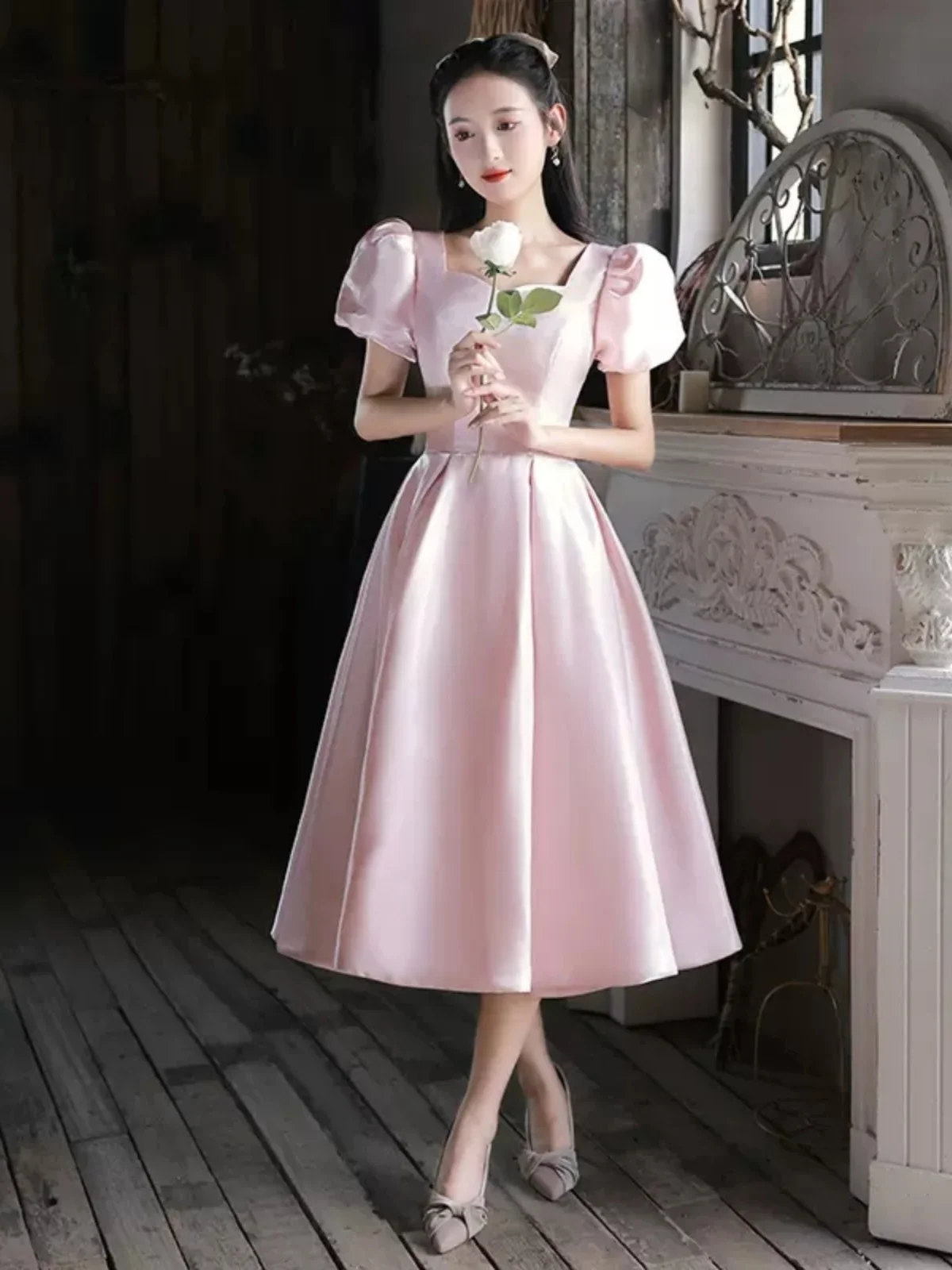 

Розовое вечернее платье женское, средней длины, бальное, осенне-зимнее, класса люкс, для торжественных мероприятий, А-силуэт, юбка-трапеция