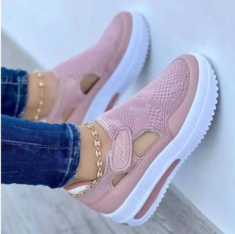 Nuove scarpe singole Casual traspiranti grandi estive con tacco inclinato suola spessa Velcro cavo testa tonda scarpe singole da donna basse