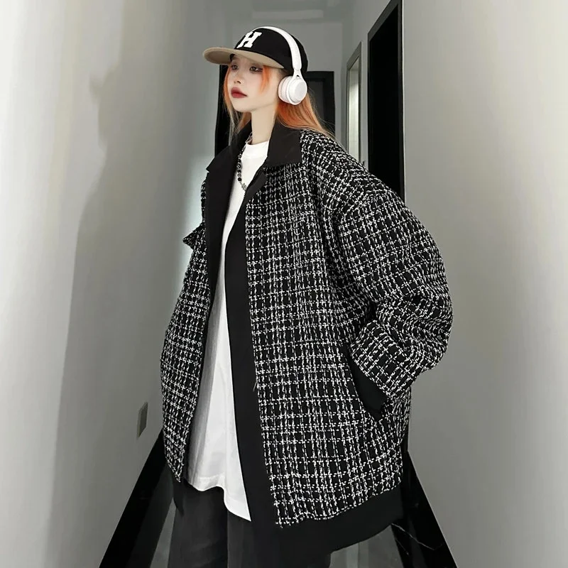 Double sided Little Fragrant plaid Coat for Women 2025 Spring and Autumn New Style Loose and Baseball Jacket Couple Jacket Top