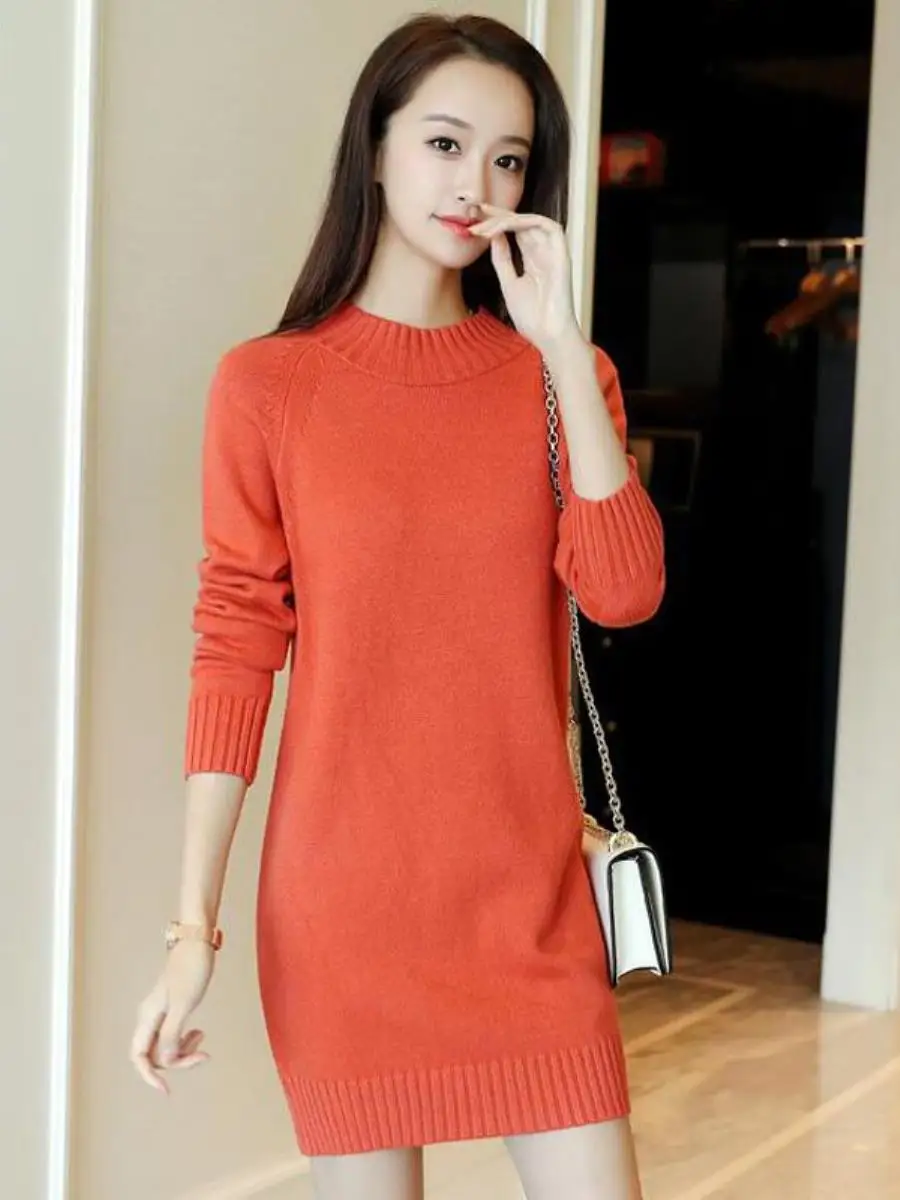 

Свободный женский вязаный свитер с высоким воротником и длинными рукавами, средней длины, модный, осенне-зимний, новый, теплый, базовый