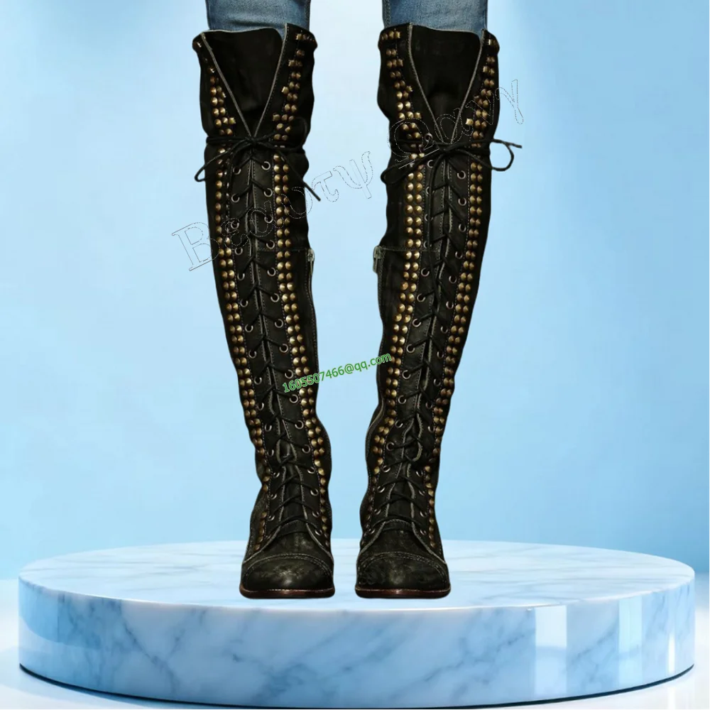 

Black Rivet Men's Big Boots Knight's Boots Cool Cow Boy Solid Round Toe Knee High Shoes for Men Shoes Zapatos Para Hombres