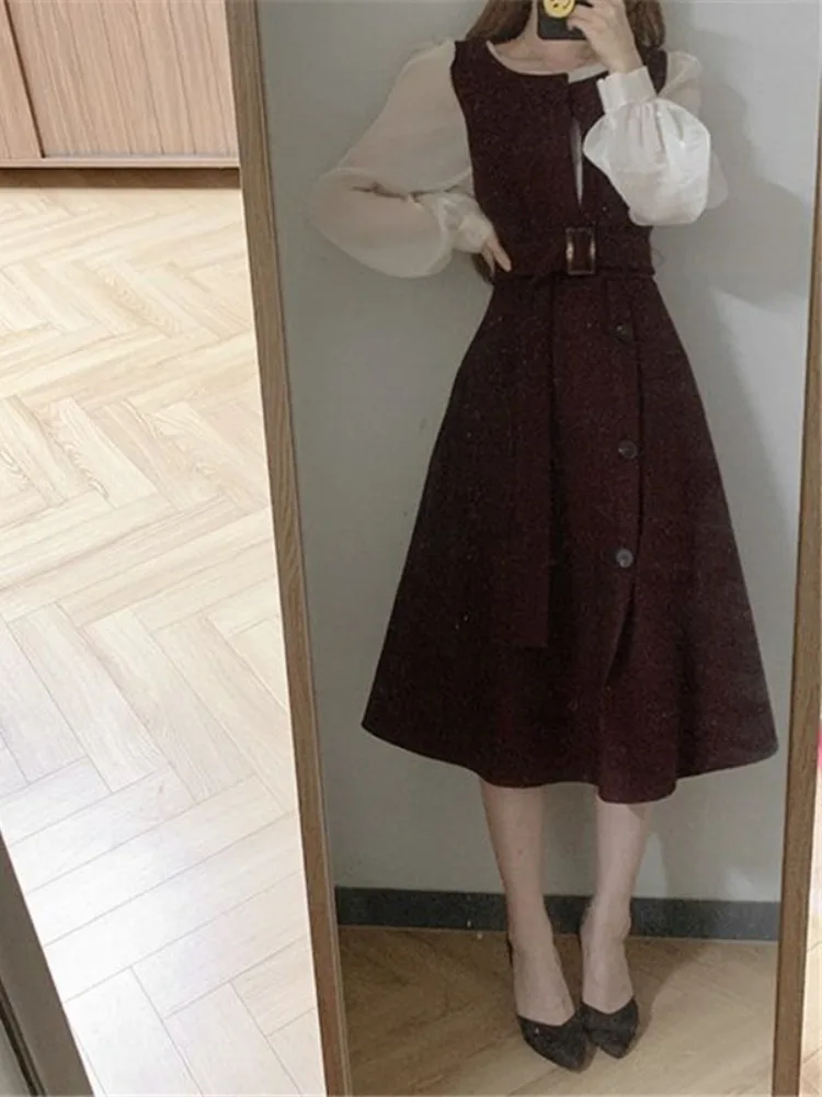 

Early Spring Vintage round Ne Double Buttoned Waist Cinched Svel Midi Length Strapl Dr Women Street Sle Pure ...