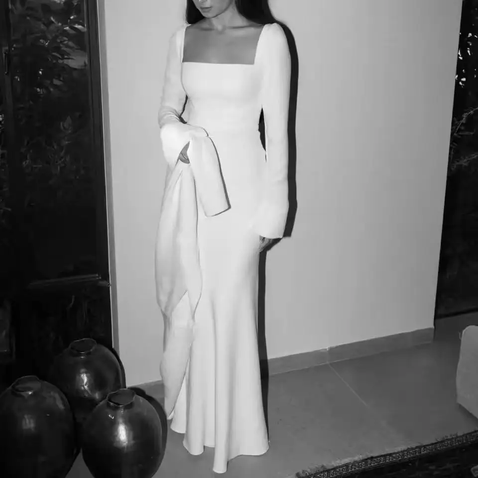 Elegancka suknia ślubna w stylu syreny 2026, suknia zaręczynowa, sukienka damska z długim rękawem na przyjęcie, skromna suknia celebrytki, suknia ślubna szyta na miarę.