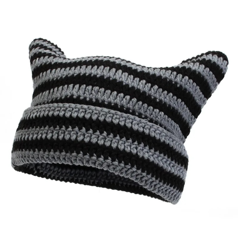 Japanese Beanie Hat for Women Little Devil Striped Knitted Wool Cap Autumn and Winter Cute Cat Ears Warmer Bonnet Casual Cap