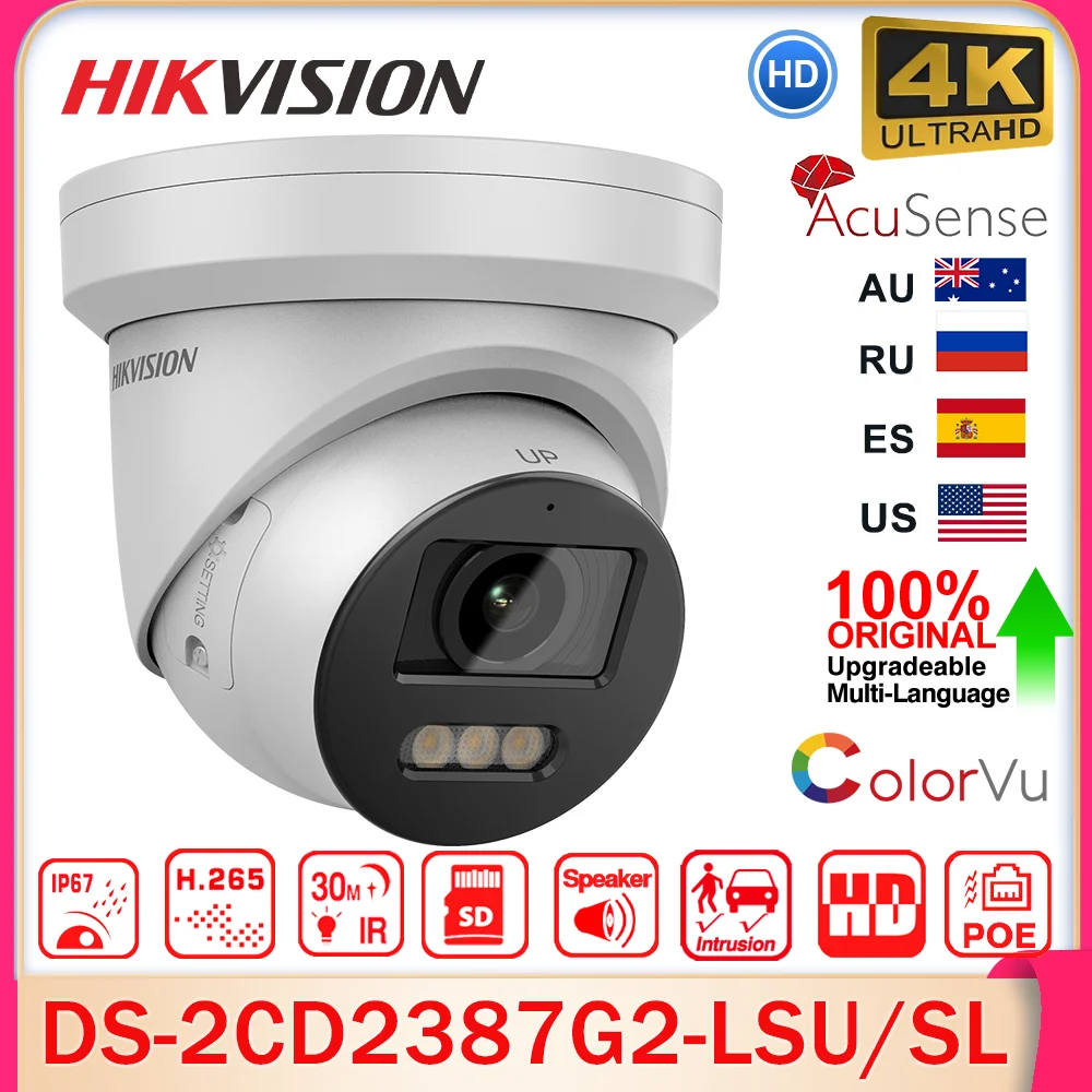 Hikvision Color IP Camera DS-2CD2387G2-LSU/SL 8MP 4K ColorVu F1.0 Strobe Light&Audible Warning Acusense Smart Event 2-way Audio