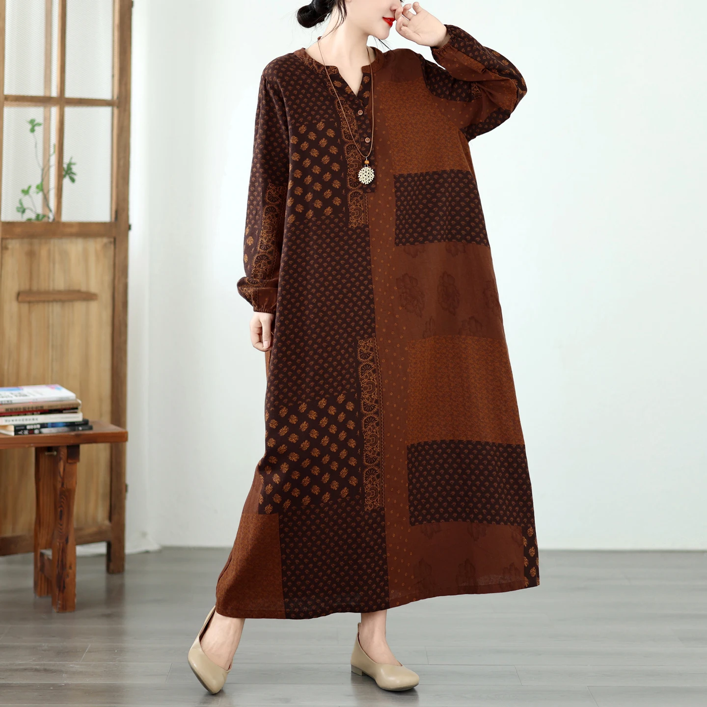 Artistic Vintage Print A-Line Dress Women's Loose Slimming Patchwork plus Size Cotton Blend Long Sleeve Autumn Citywalk Dress