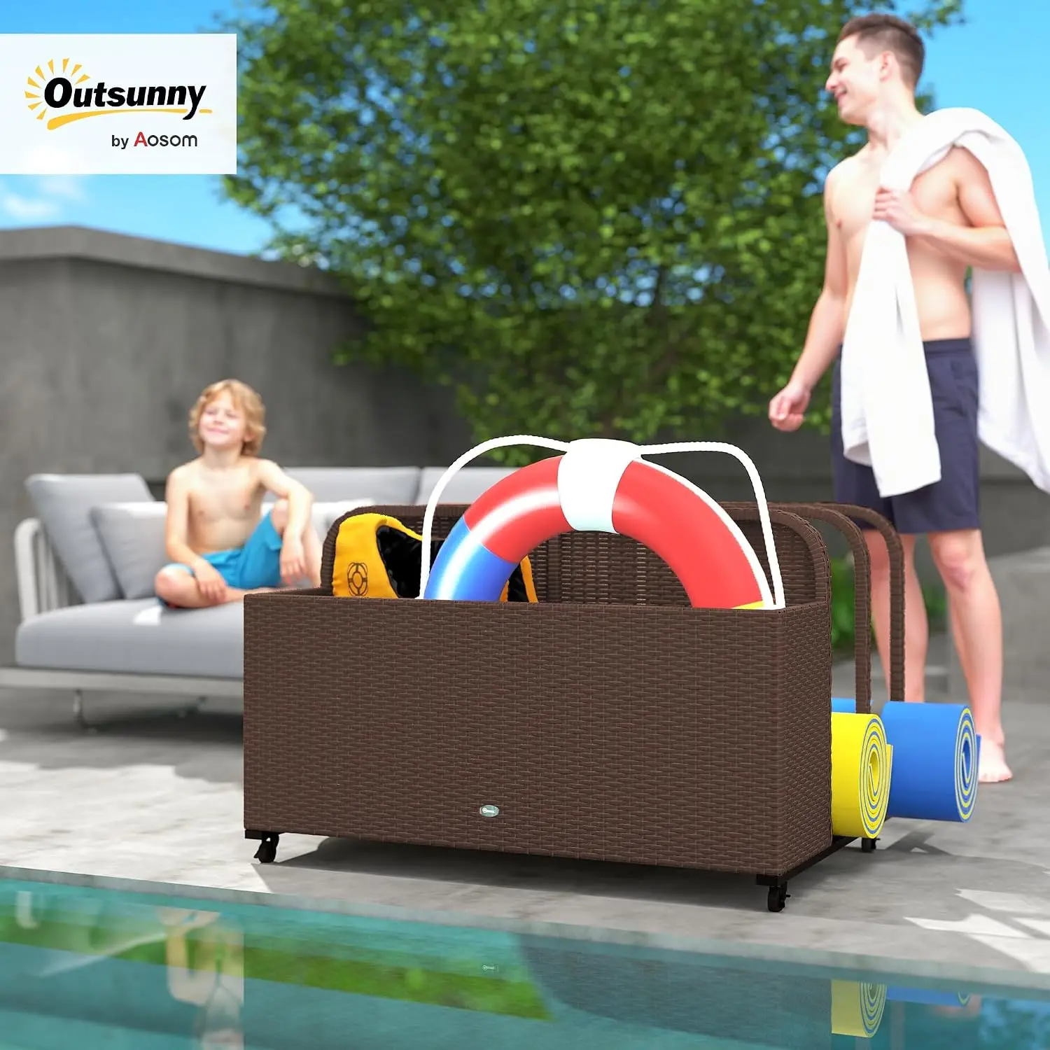 Wicker Patio Pool Float Storage Basket Rolling Wheels Brown