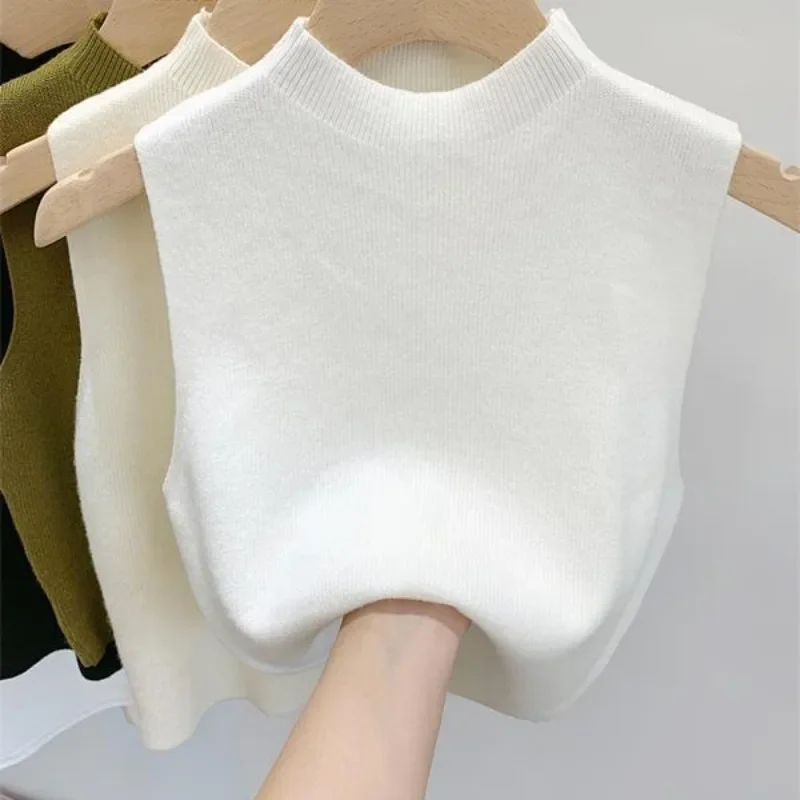 Half High Collar Knitted Sweater Vests Women Spring Lightweight Solid Ins Crops Female Sleeveless Mujer Fashion Temperament Chic