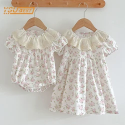 Summer Cute Newborn Toddler Baby Girls Lace Jumpsuit Sweet Baby Girls Short Sleeve Kids Princess Dress Girls Sister Clothes