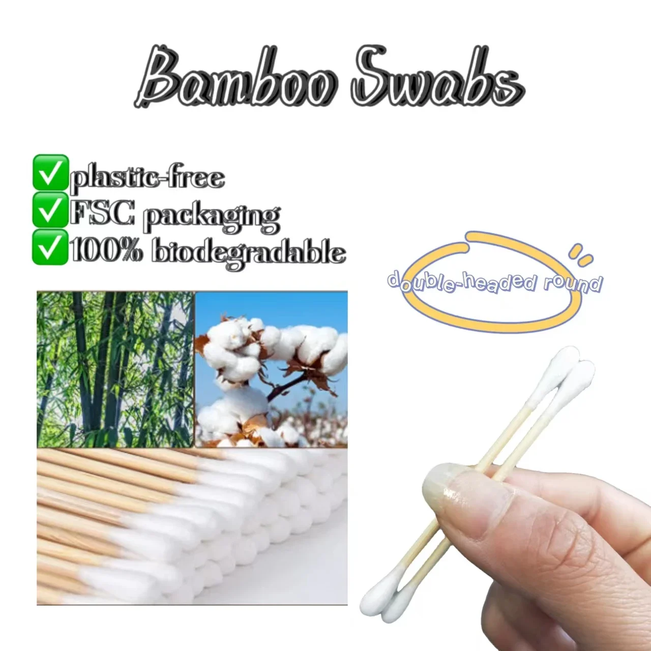 100 Pcs Eco Friendly Bamboo Cotton Ear Cleaning Bud Sticks Plastic Free Cotton Swabs