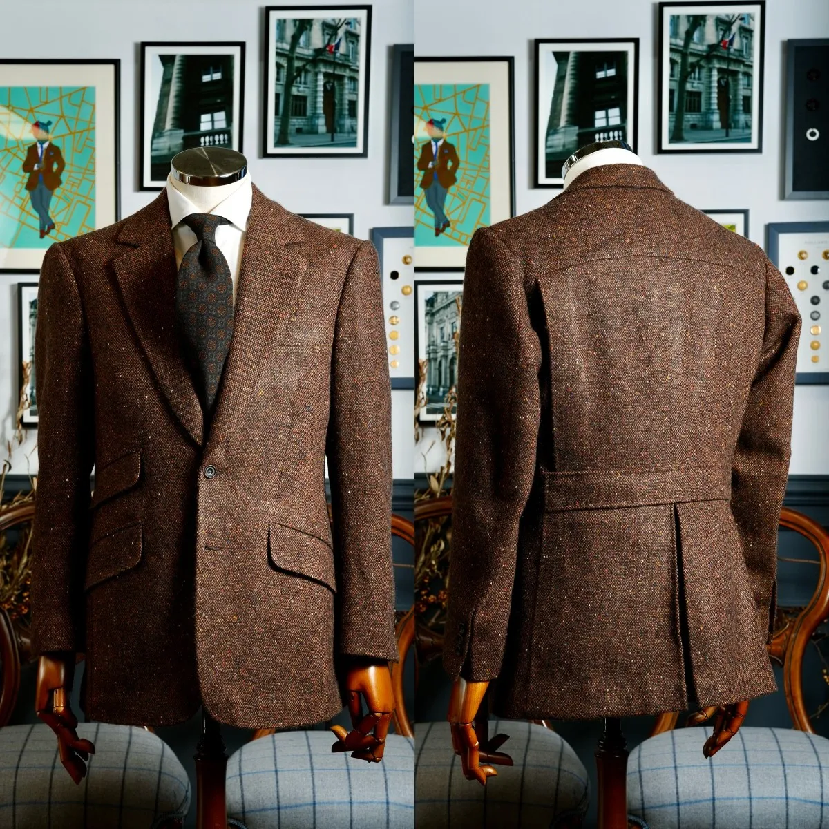 Classic Brown Donegal Tweed Sport Coat with Half Belt Back and Flap Pockets Men Autumn Vintage Blazer Customized M265458