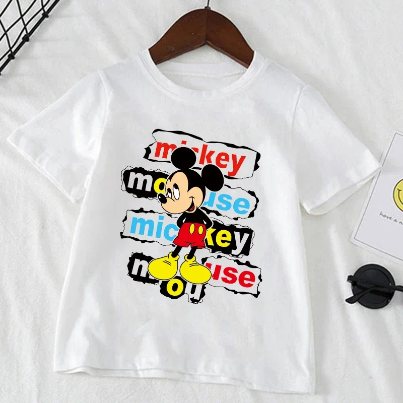 Cute Minnie Mickey Mouse Print Kids T-shirt Summer Short Sleeve White Color Tops Tees Harajuku Boys Girls Disney Tshirts Clothes