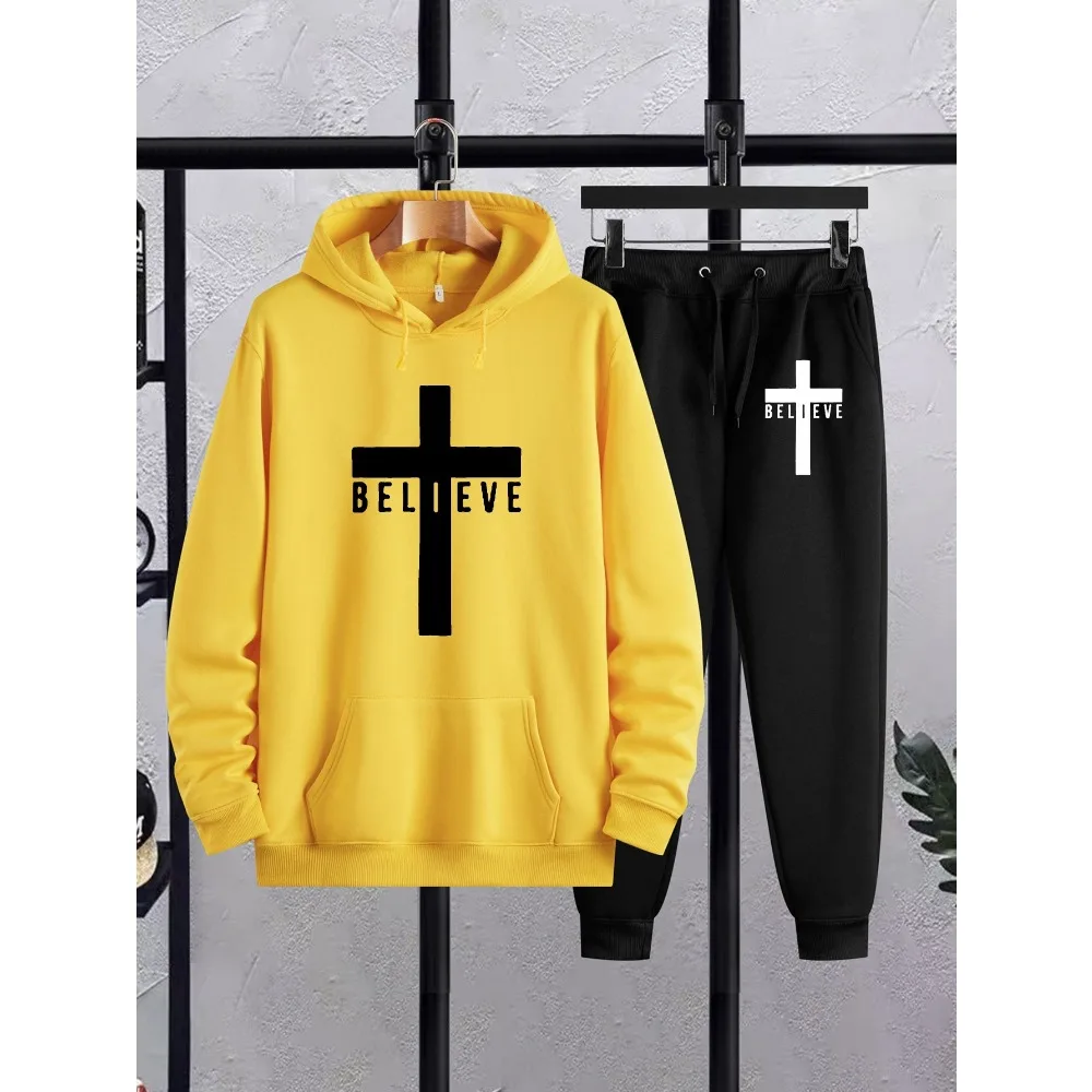 أزياء صدق الصليب طباعة العصرية مقنعين البلوز ومريحة مطابقة Sweatpants مجموعة، الرجال 2PCS الزي الأنيق للخريف #6