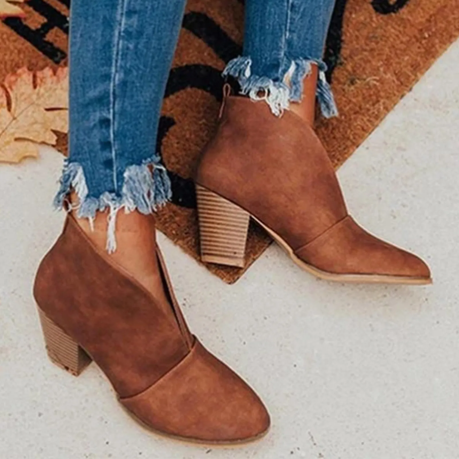 Women Ankle Boots Autumn Winter Solid Round Toe Women Shoes Casual Comfortable Thick High Heels Booties Fashion Hollow Out Boots