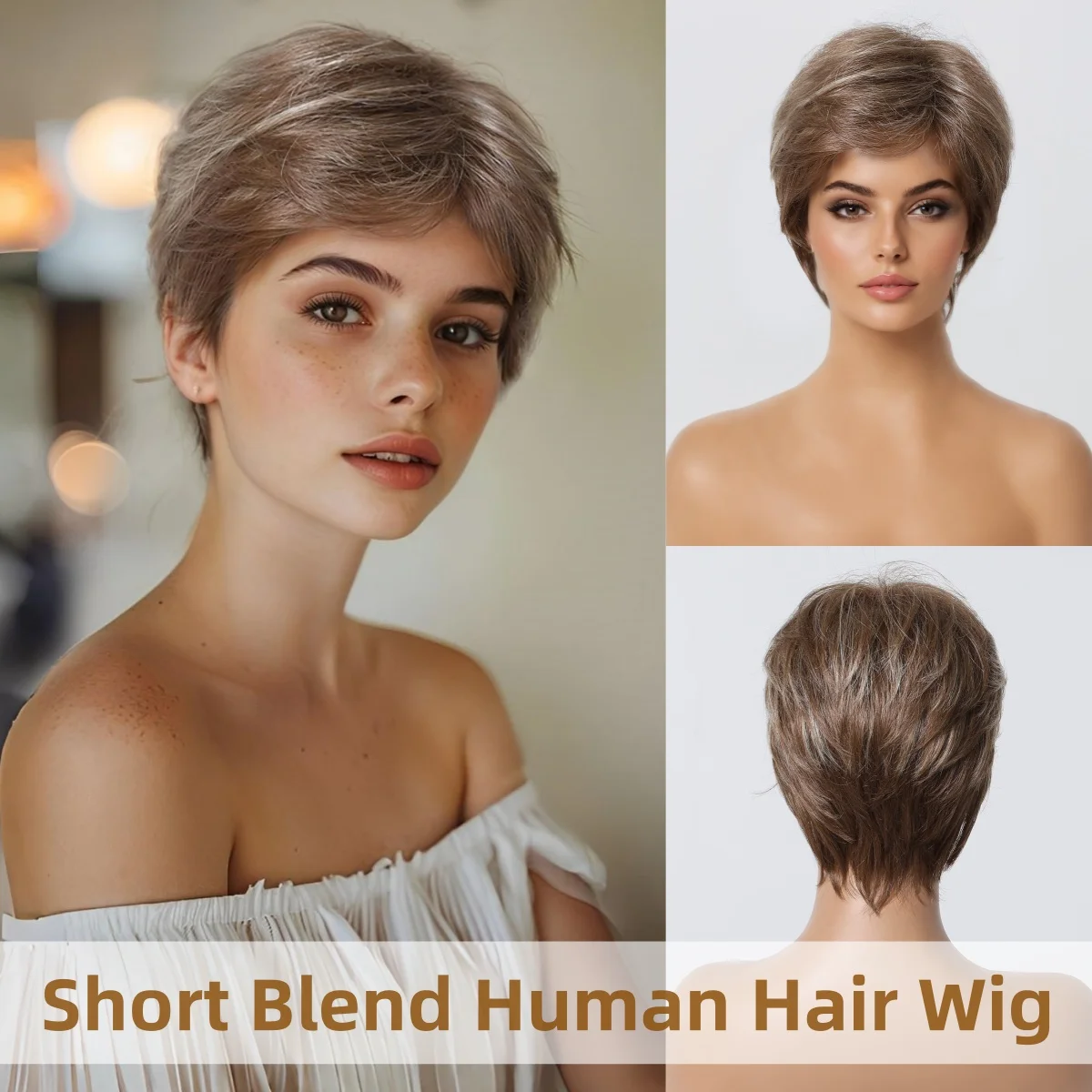 

Коричневые Натуральные Прямые парики из смешанных человеческих волос для женщин, волосы для ежедневного использования, Короткие Многослойные человеческие волосы с вырезами фальшивой, Недорогие парики машинной работы