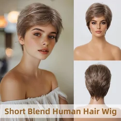 Brown Natural Straight Blend Human Hair Wigs for Women Daily Use Hair Short Pixie Cut Layered Human Hair Machine Made Cheap Wig