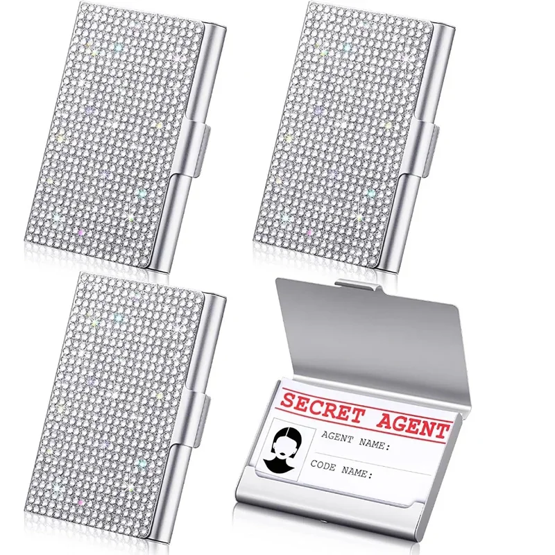 New Qinsuee Bling Aluminum Alloy Diamond Metal Business Card Case 10-20 Sheets Capacity Snap Rhinestone Business Card Box Small