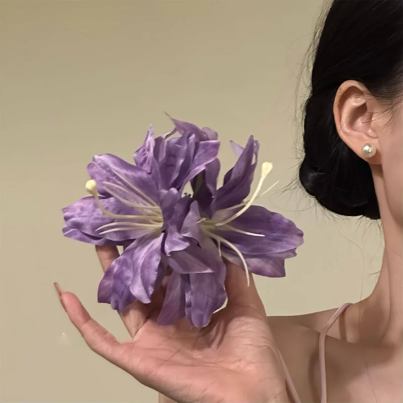 

Chinese Style Purple Lily Flower Hair Clip Fairy-Like Side Bangs Accessory New Headwear Fake Lily Bloom for Atmosphere Enhanceme